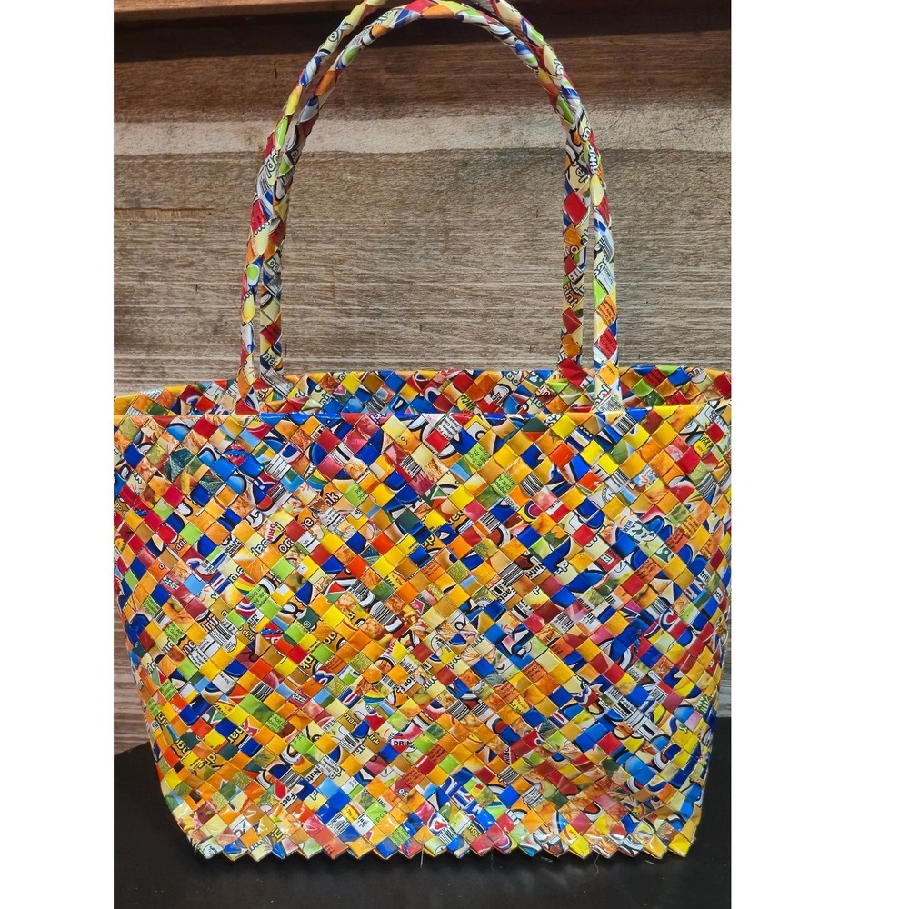 Upcycled Juice Pouch/c Woven Tote Bag Multi Color Friendly Handmade Handbag